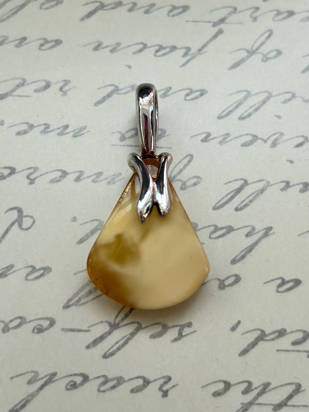 Sterling Silver Honey Amber Teardrop Pendant - Cream & Golden Yellow